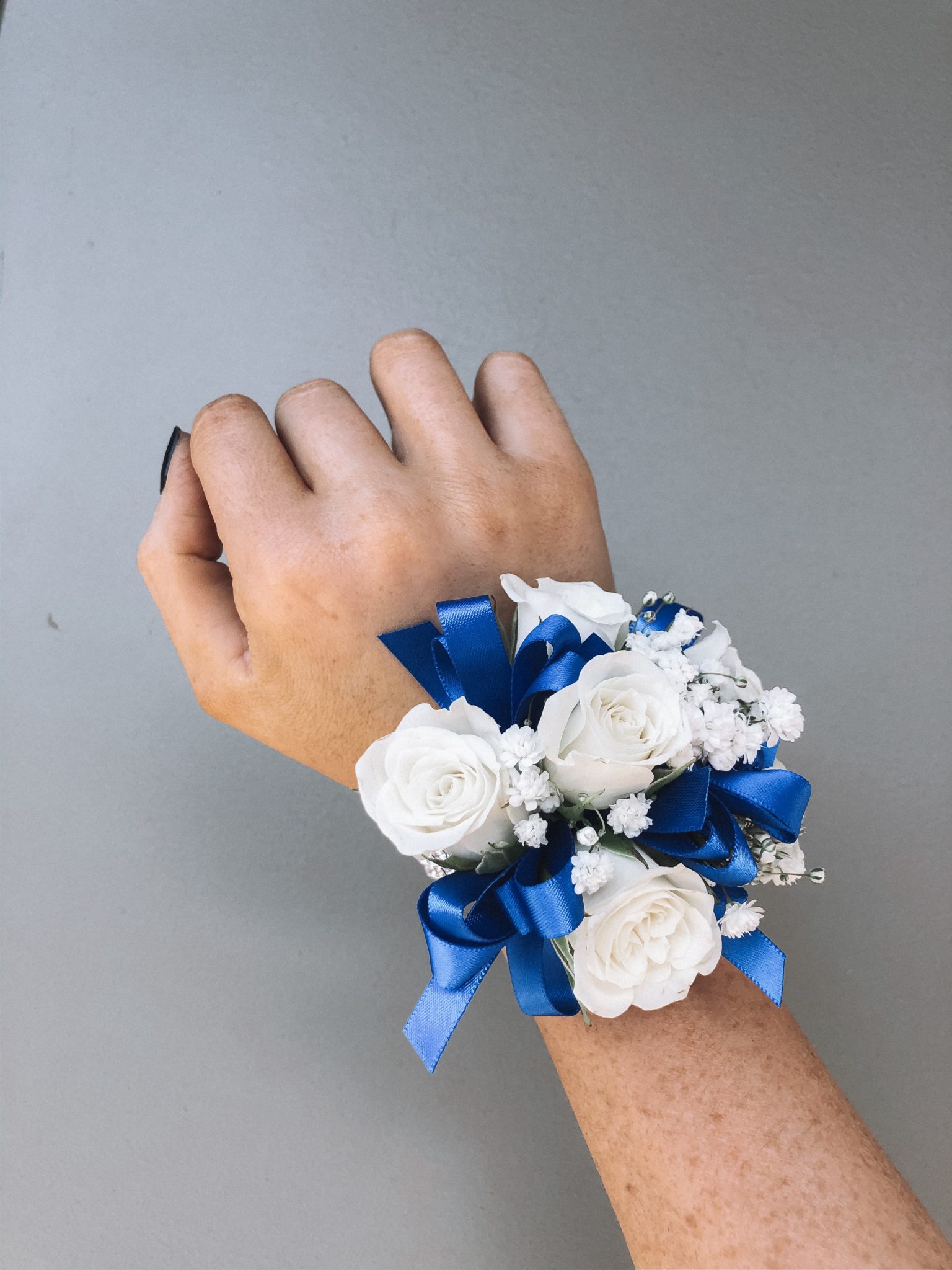 White Wrist Corsage with blue ribbon The Lush Lily Brisbane & Gold