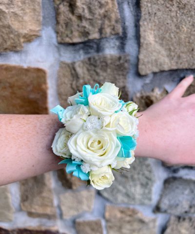 White Wrist Corsage with Aqua Ribbon