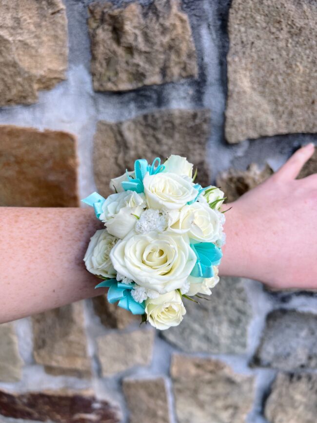 White Wrist Corsage with Aqua Ribbon