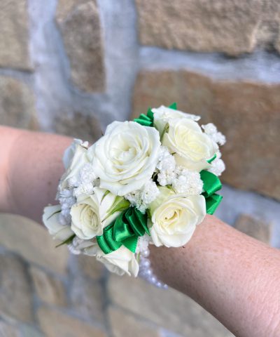 White Wrist Corsage with Emerald Green Ribbon