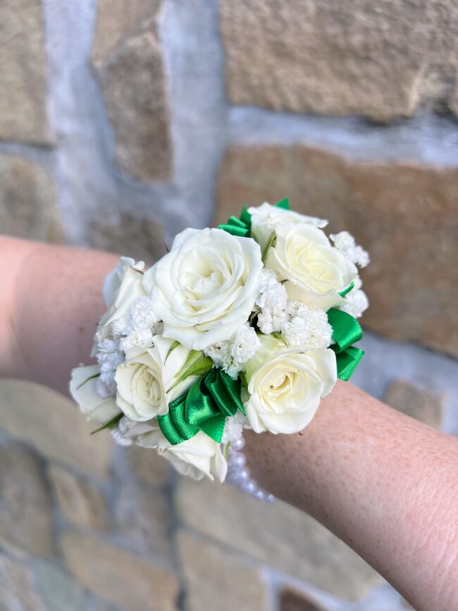 White Wrist Corsage with Emerald Green Ribbon