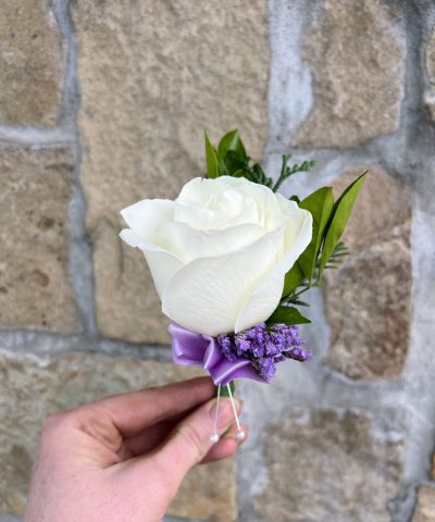 White Rose Buttonhole with Lavender Ribbon