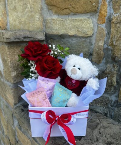 Romantic red rose flower hamper with teddy bear and chocolates in white gift box Brisbane