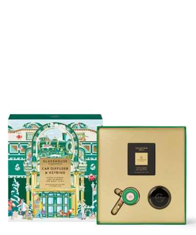 Glasshouse Fragrances Christmas Car Diffuser Gift Set – luxury car air freshener with festive fragrance and gold detailing.