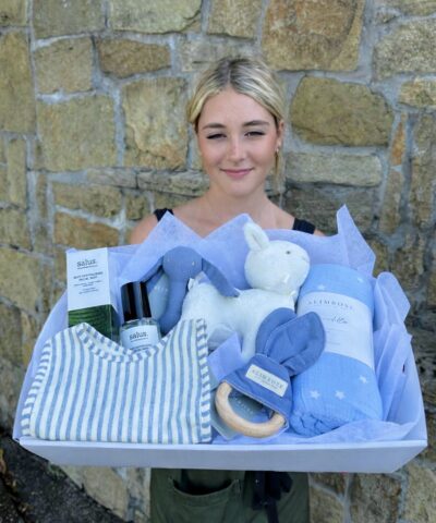 Luxury Hello Little One baby hamper featuring Alimrose toys, baby swaddle, bib, teething ring and Salus facial mist, beautifully gift wrapped