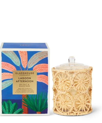Lagoon Afternoon 380g soy candle by Glasshouse Fragrances with sea salt and beach rose notes.