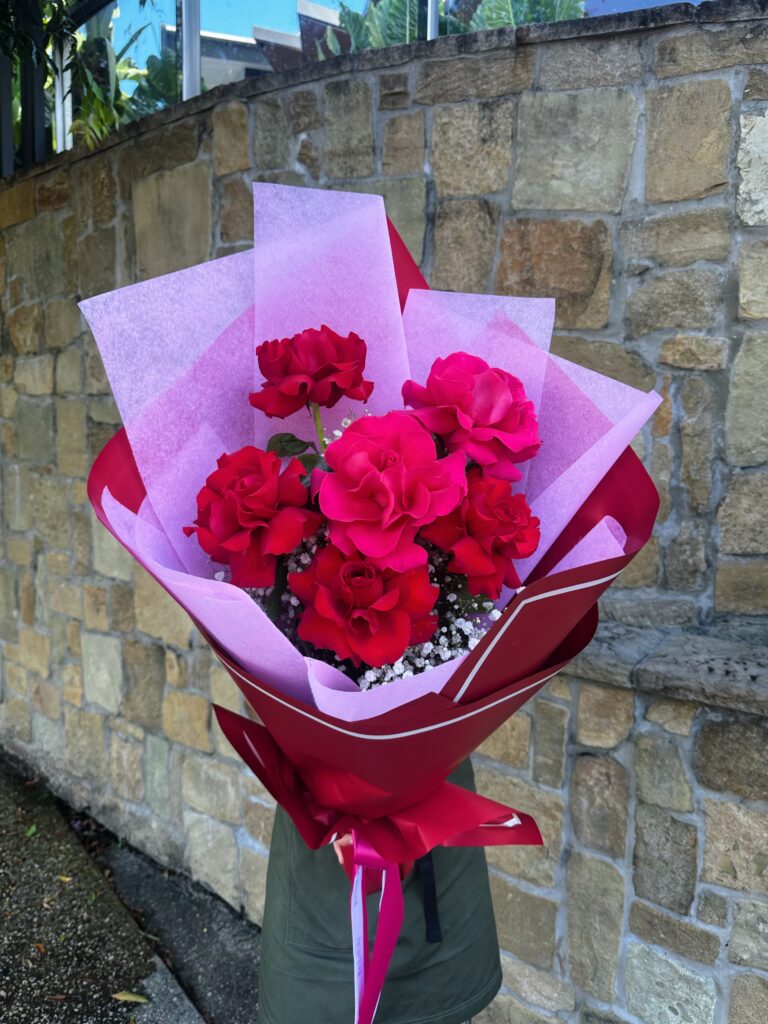 Too Hot To Handle red and hot pink rose bouquet wrapped in luxury paper by The Lush Lily Brisbane florist