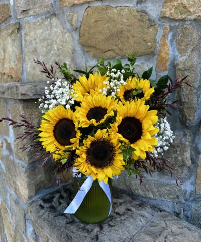 Hello Sunshine sunflower arrangement in green vase by Brisbane florist
