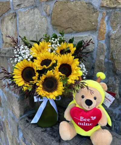 sunflower vase with plush bee teddy bear gift.