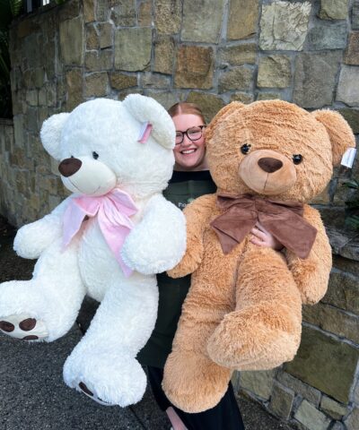 Liam giant teddy bear in white and tan available as flower gift add on Brisbane