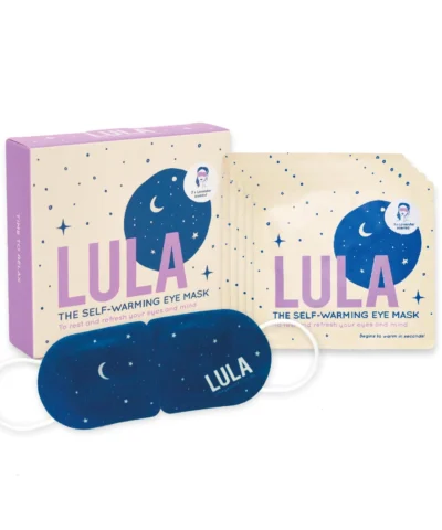 Lula lavender self-warming eye mask packaging with a pack of five eye masks.