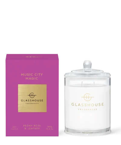 Glasshouse Music City Magic scented candle in luxury glass jar