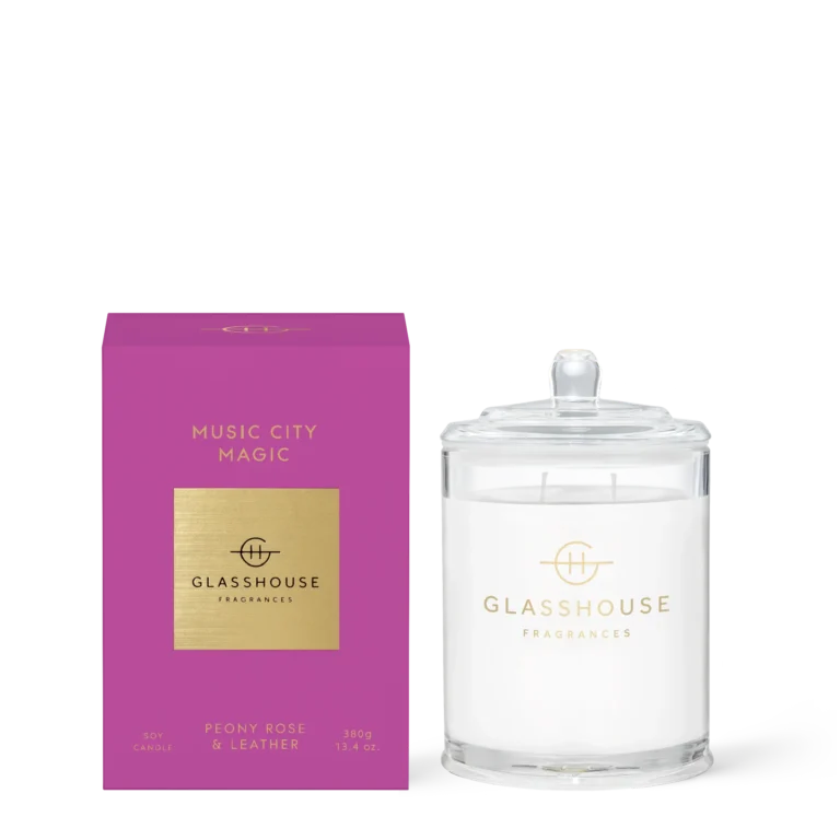 Glasshouse Music City Magic scented candle in luxury glass jar