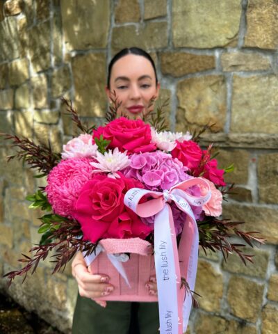 Pink flower arrangement in a pink box – Kiss Me Pink by The Lush Lily, Brisbane florist