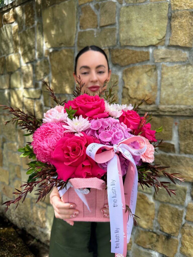 Pink flower arrangement in a pink box – Kiss Me Pink by The Lush Lily, Brisbane florist