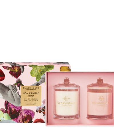 Glasshouse Candle Duo gift set with Radiance in Bloom and Velvet Rhapsody 200g candles in pink packaging