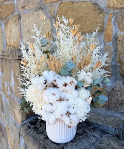 Cotton Cloud dried flower arrangement with cotton stems, preserved hydrangea and wheat in white ceramic vase – dried flowers Brisbane