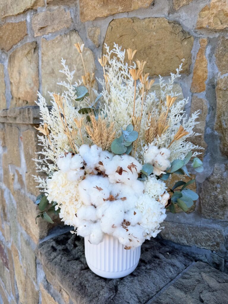 Cotton Cloud dried flower arrangement with cotton stems, preserved hydrangea and wheat in white ceramic vase – dried flowers Brisbane