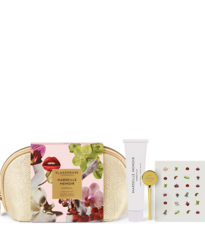 Marseille Memoir hand care gift set by Glasshouse Fragrances with cosmetic pouch, hand cream and accessories