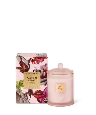 Glasshouse Radiance in Bloom candle 380g with packaging – floral tuberose orchid scent
