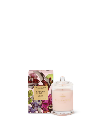 Radiance in Bloom 60g Glasshouse Fragrances candle with floral packaging and soft pink wax