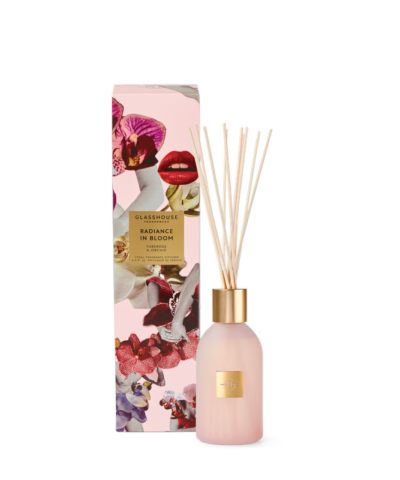Radiance in Bloom Glasshouse Fragrances 250mL diffuser with floral packaging and reeds