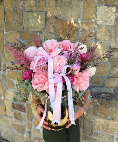 Pink Me Up vase arrangement with pink roses, chrysanthemums and seasonal flowers – Brisbane flower delivery