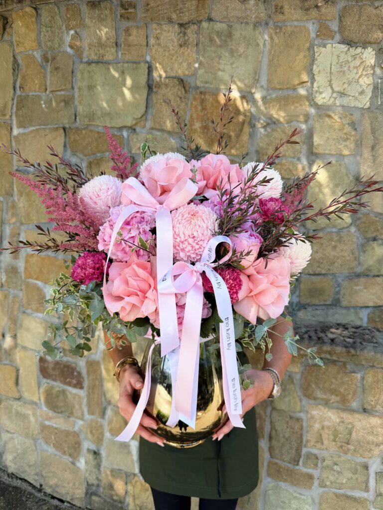 Pink Me Up vase arrangement with pink roses, chrysanthemums and seasonal flowers – Brisbane flower delivery