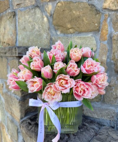 Tulip vase arrangement with 20 fresh pink tulips in glass vase – Brisbane florist The Lush Lily