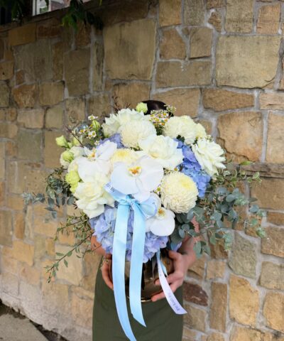 Baby Blue Bliss vase arrangement with blue hydrangeas, white roses and orchids – Brisbane flower delivery