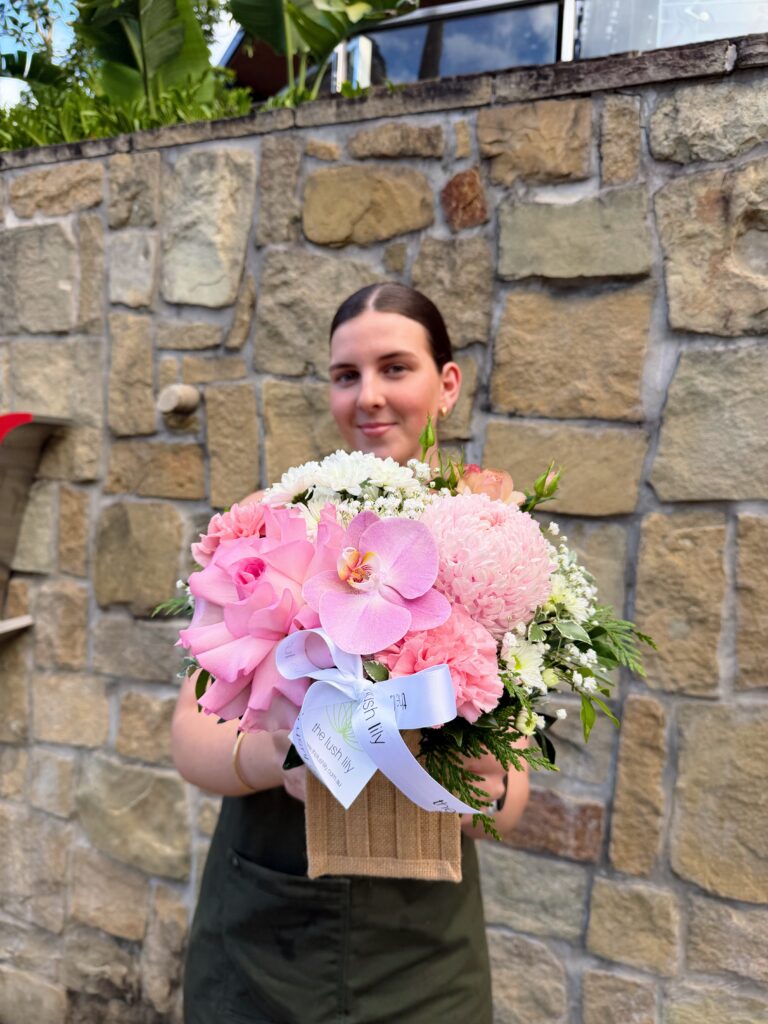 Strawberries and Cream pink orchid rose flower arrangement by The Lush Lily