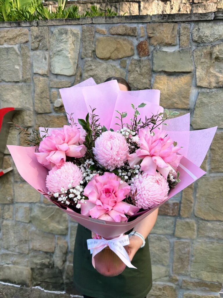 Dream Girl pink rose and disbud posy vase with reflexed roses by The Lush Lily