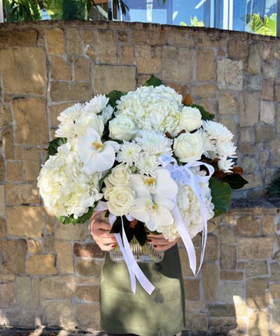 White Affair luxury white flower vase with hydrangeas, orchids, white roses and chrysanthemums by The Lush Lily