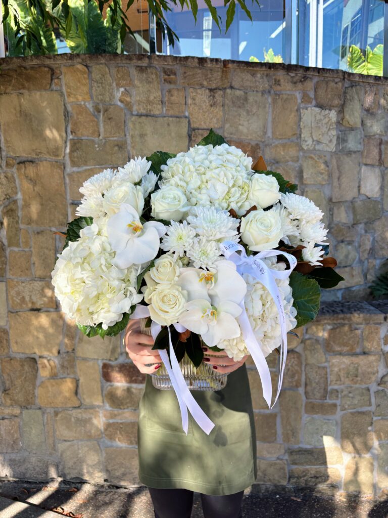White Affair luxury white flower vase with hydrangeas, orchids, white roses and chrysanthemums by The Lush Lily