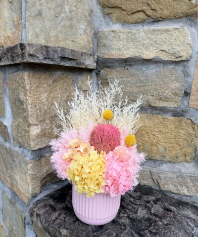 Sherbet Dreams dried and preserved flower arrangement with pink and yellow hydrangea, pink banksia and yellow billy buttons in a ribbed pink vase.