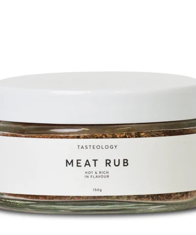 Tasteology Meat Rub seasoning in glass jar