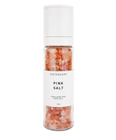 Tasteology Himalayan Pink Rock Salt in glass grinder
