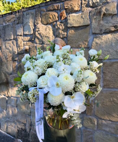 Ivory Garden luxury white flower vase arrangement with roses, orchids, chrysanthemums and seasonal blooms by The Lush Lily Brisbane