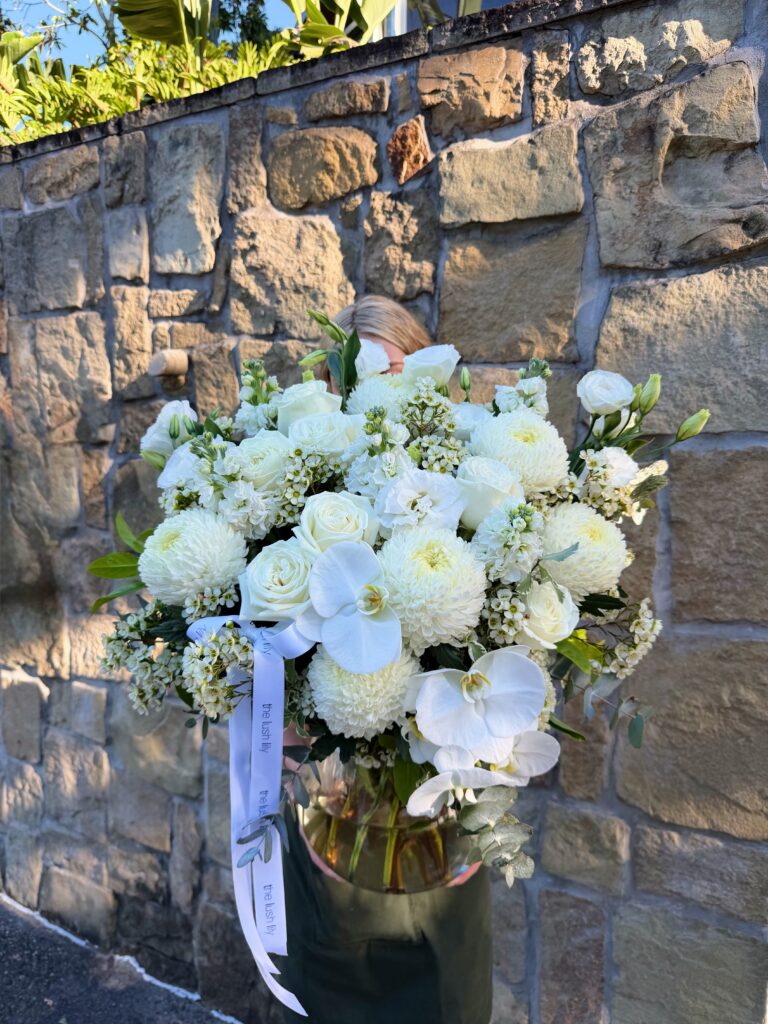 Ivory Garden luxury white flower vase arrangement with roses, orchids, chrysanthemums and seasonal blooms by The Lush Lily Brisbane
