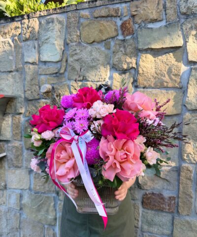 Pink Pop bright pink flower vase arrangement with roses and seasonal blooms by The Lush Lily Brisbane