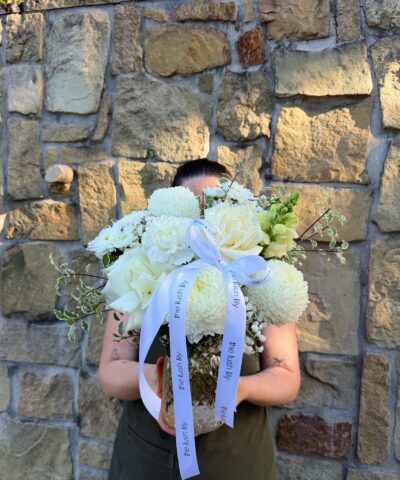 Simply White elegant white flower vase arrangement with roses and seasonal blooms by The Lush Lily Brisbane