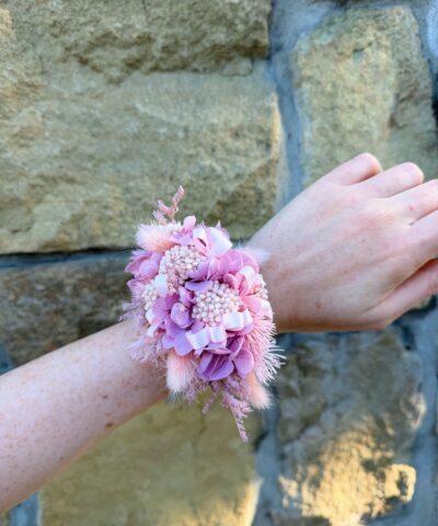 Mauve preserved wrist corsage with pink and lilac dried flowers