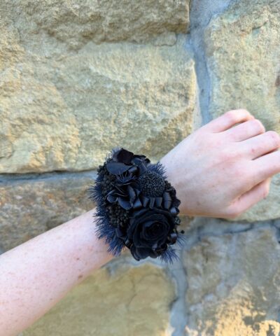 Black preserved wrist corsage with dried and preserved flowers