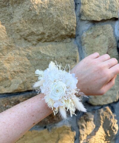 White preserved wrist corsage with dried and preserved flowers