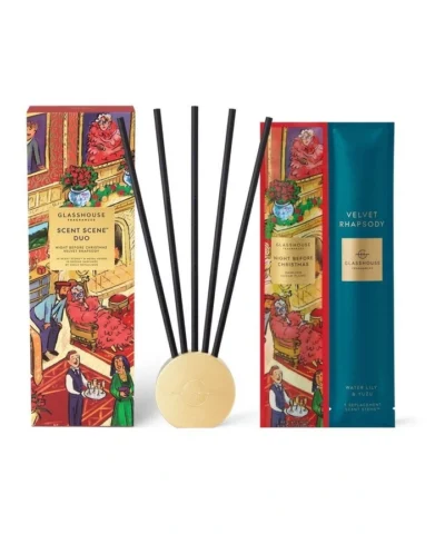 Glasshouse Fragrances Christmas Scent Scene Duo with gold fragrance vessel, scented stems and festive gift packaging
