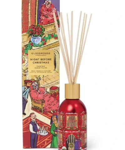Glasshouse Fragrances Night Before Christmas 250mL reed diffuser with red glass bottle, reeds and festive gift box